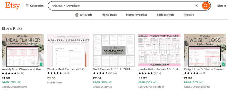 Catalogue of printable materials for sale on Etsy