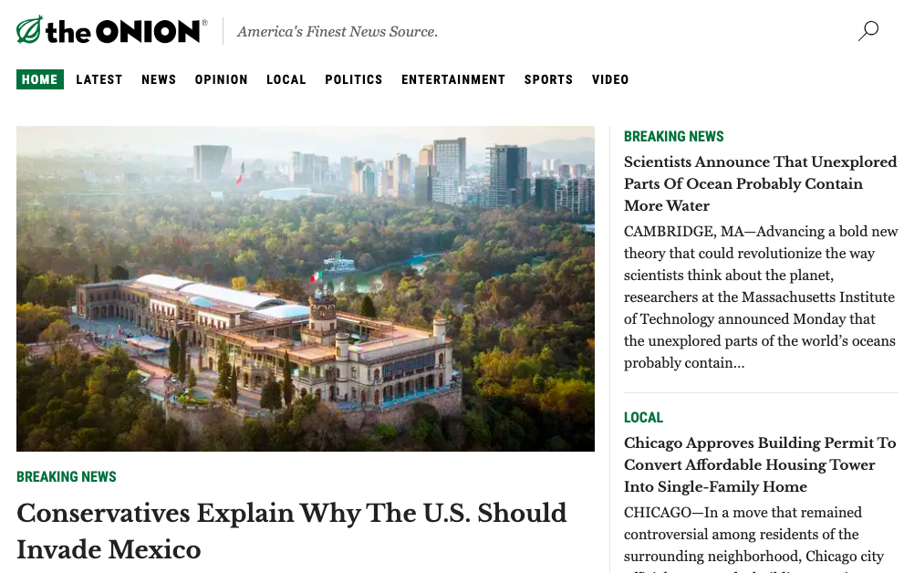 The Onion’s main page with satirical articles parodying news