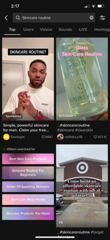 Search results and recommendations with keywords on TikTok