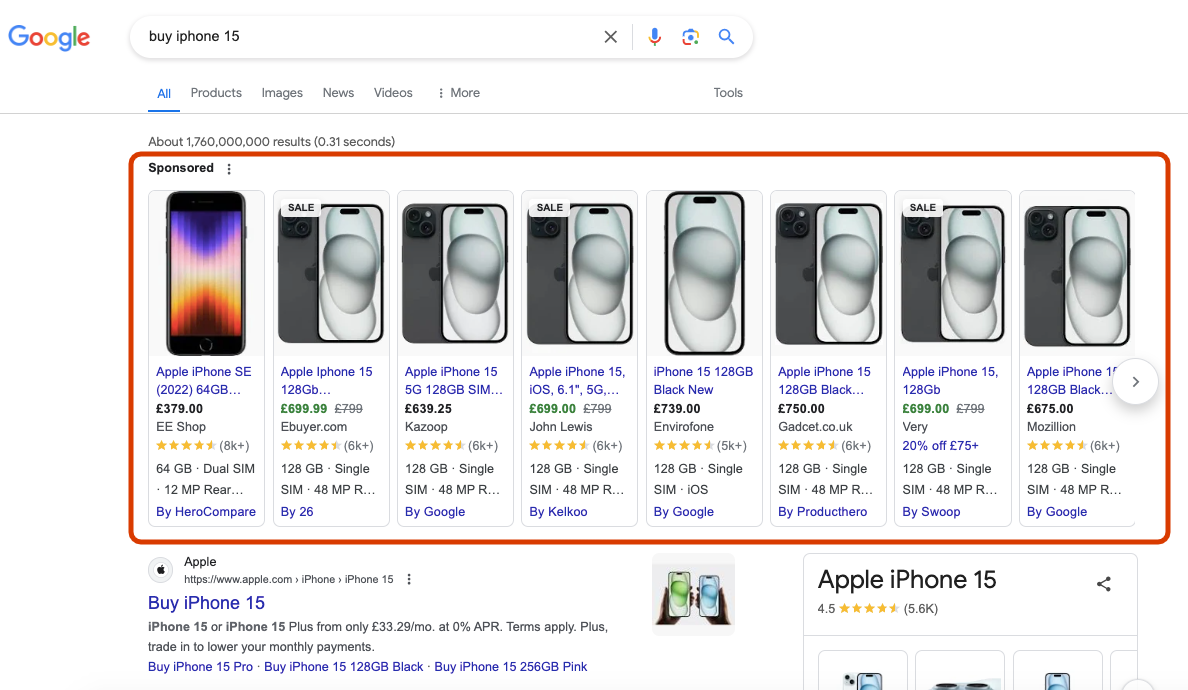 Contextual ad examples shown in a separate block on Google search