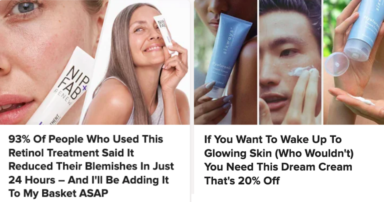 Examples of teaser ads for beauty products