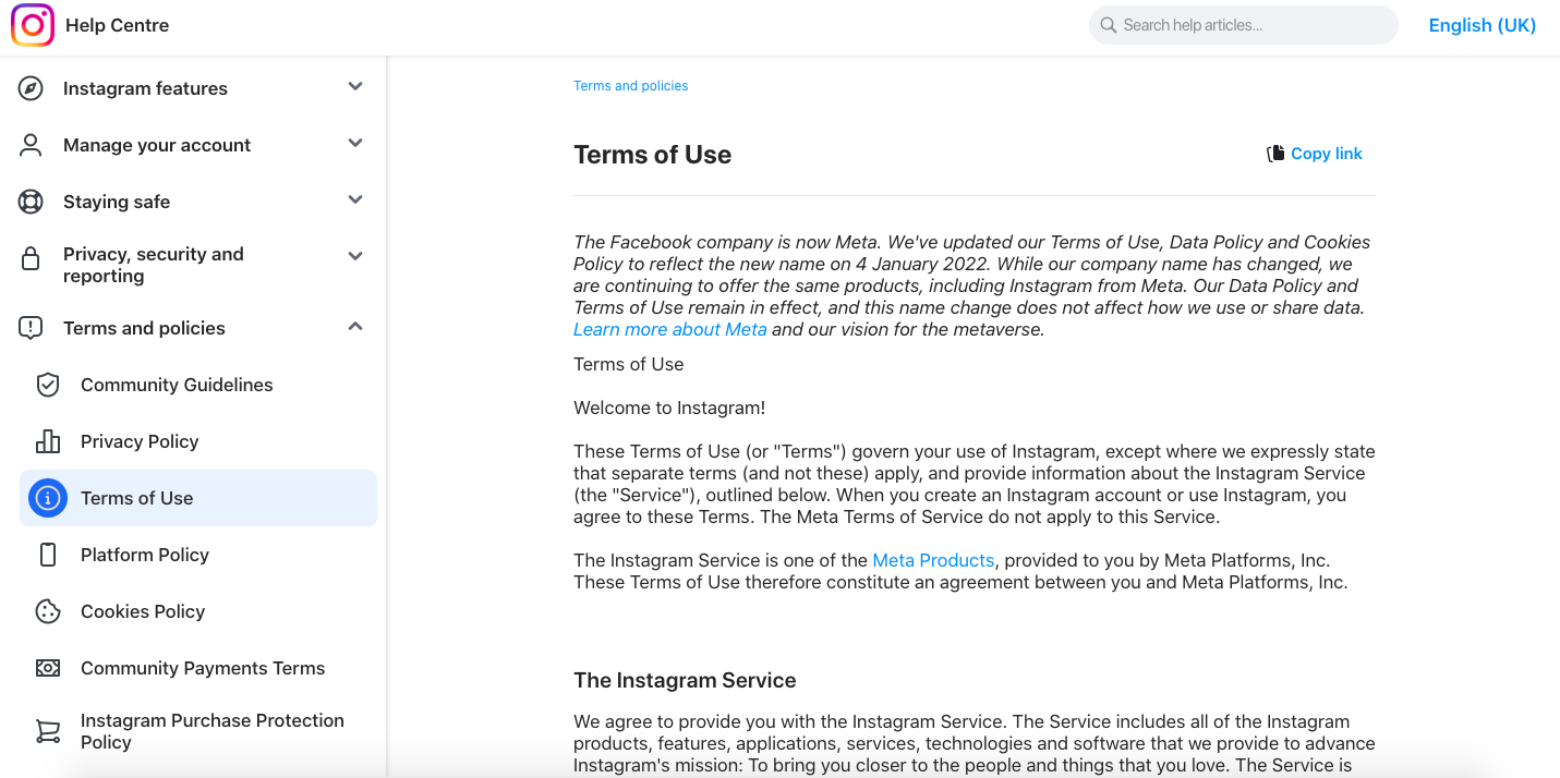 Instagram’s terms of use